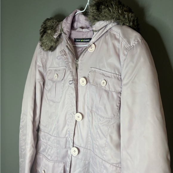 DKNY Jeans Faux Fur Hooded Parka Coat Lilac Blush Women’s Large Winter Jacket - Picture 8 of 10